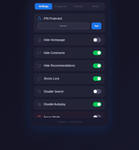 TubeZen Settings — PIN protection, hide homepage, comments, shorts lock, and more